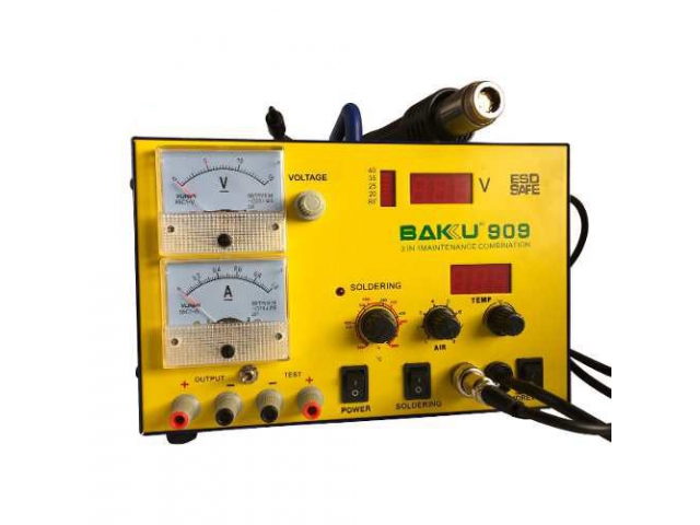 ESTACION DE SOLDADURA 5 en 1 BAKU BK909  PISTOLA DE AIRE CALIENTE SOLDADOR CAUTIN FUENTE DE ALIMENTACION REGULABLE TESTER DE VOLTAJE MEDIDOR SEÑAL GSM