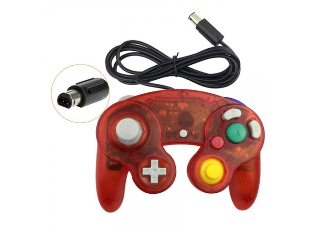 MANDO CONTROL GAMEPAD NINTENDO GAME CUBE Y WII ROJO TRANSPARENTE CABLEADO COMPATIBLE