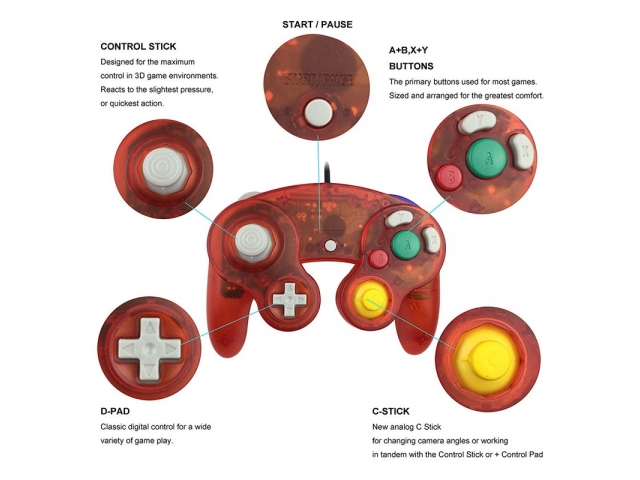 MANDO CONTROL GAMEPAD NINTENDO GAME CUBE Y WII ROJO TRANSPARENTE CABLEADO COMPATIBLE